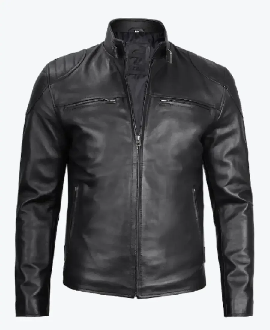 Black Real Leather Cafe Racer Jacket