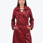 Women's Burgundy Leather Trench Coat - Rare Jackets