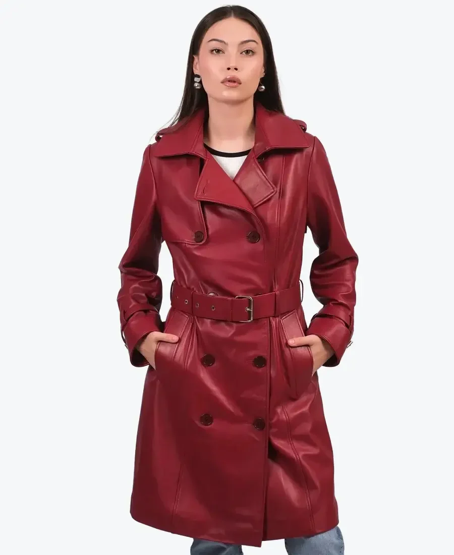 women's burgundy leather trench coat - rare jackets