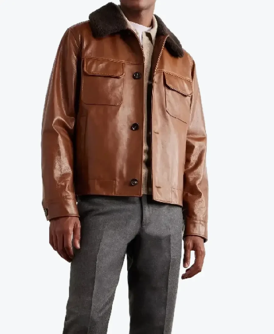 Men's Brown Shearling Trimmed Leather Jacket - Rare Jackets