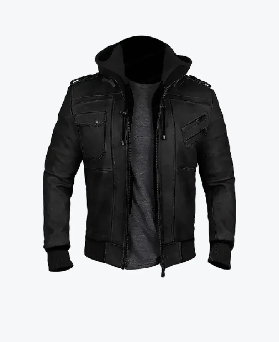 Men Bomber Hood Removable Leather Jacket Rare Jacket