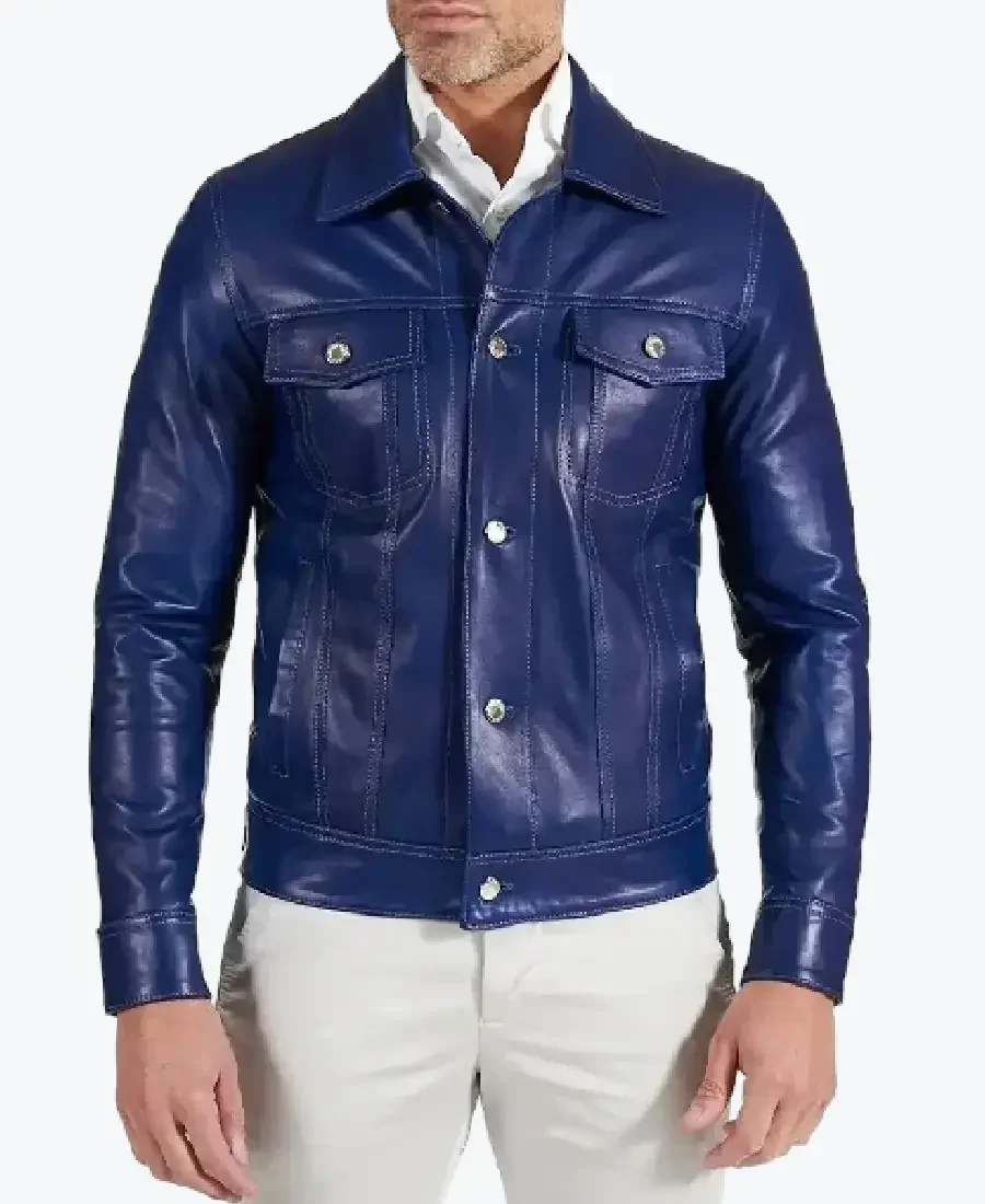 Men Shirt Style Blue Real Lambskin Leather Jacket Rare Jacket