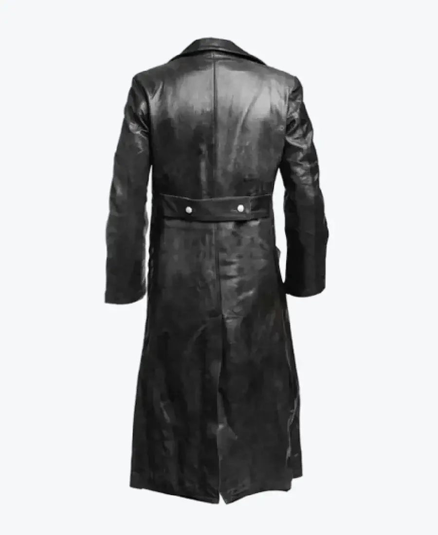 Men’s Black Leather Trench Long Coat back - Rare Jackets