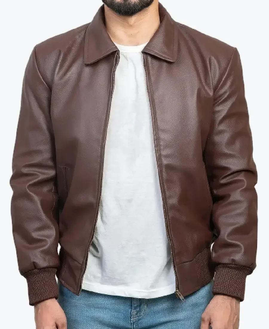 Men's Brent Brown Pu Bomber Leather Jacket