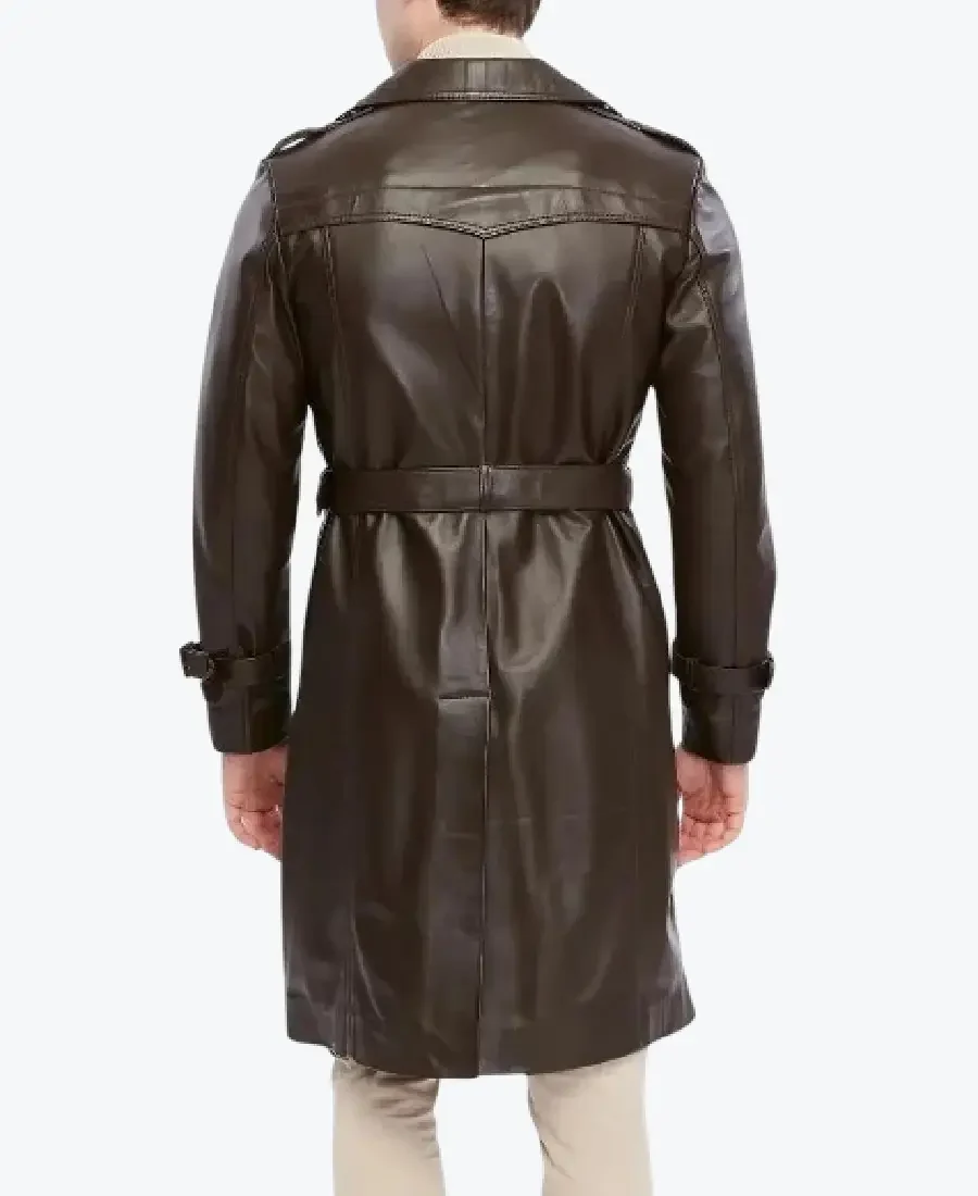 Men's Double Breasted Brown Trench Leather Coat Back - Rare Jackets