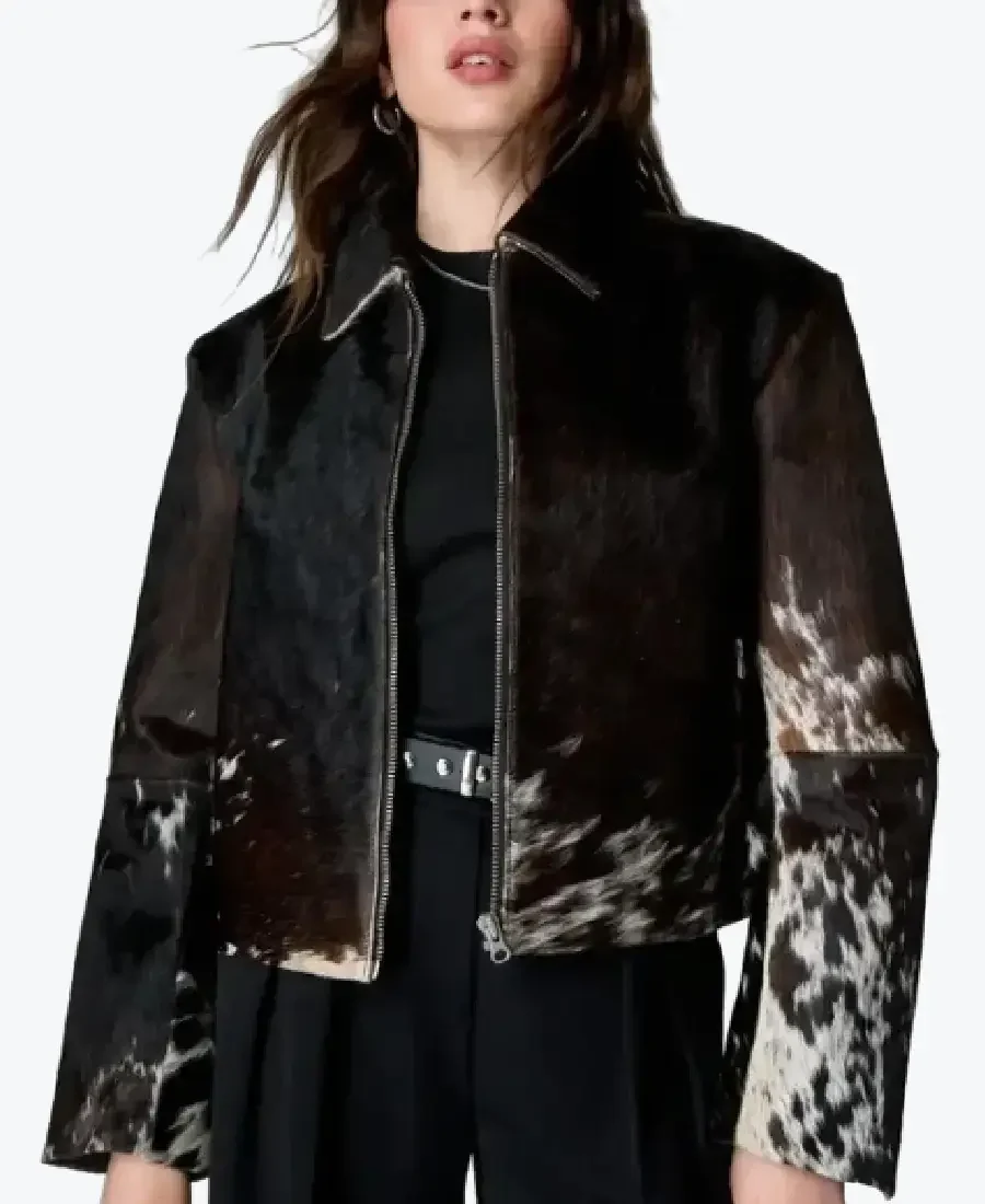 Men’s Slim Fit Belted Cow PrintCalf Hair Leather Jacket Rare Jacket