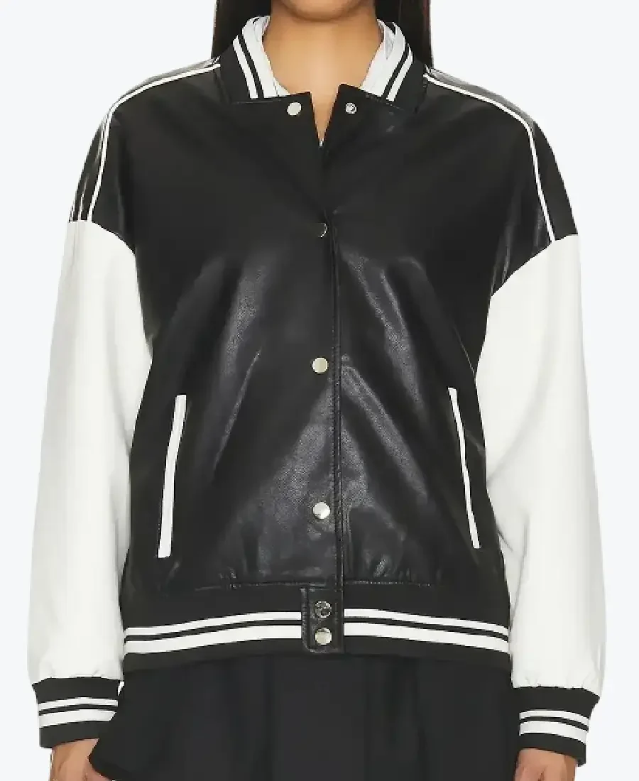 Women’s Black and White Leather Varsity Jacket Front - Rare Jackets