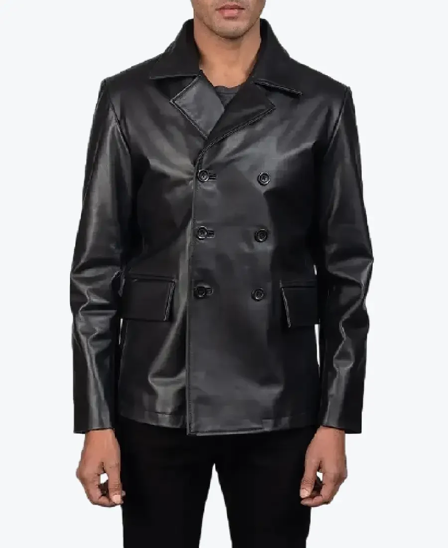 Shop The Men Bailey Black Leather Peacoat - Rare Jackets