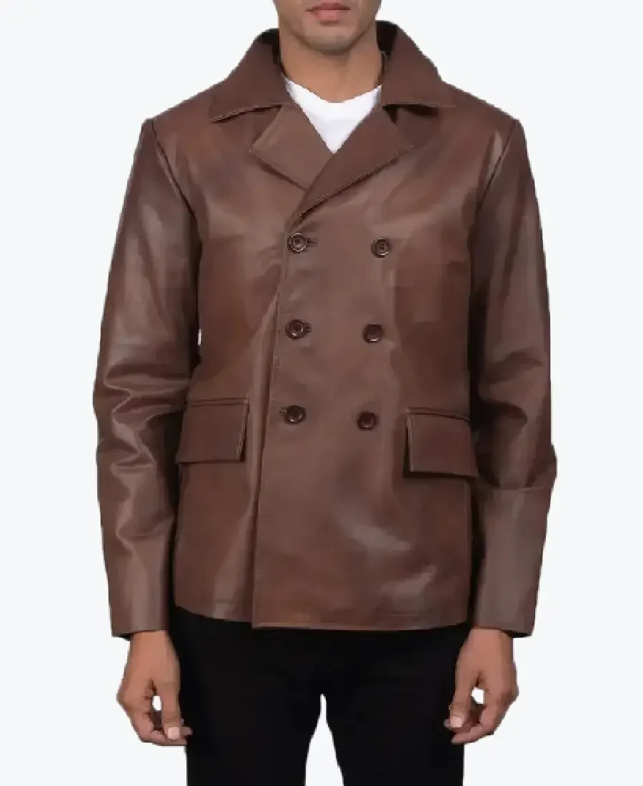 Shop The Men Bailey Brown Leather Peacoat - Rare Jackets