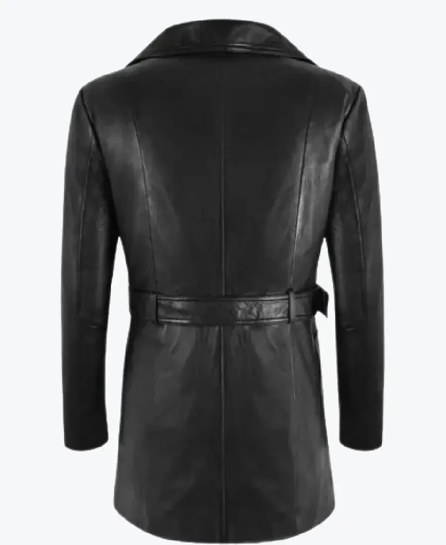 Women Black Leather Trench Coat Back - Rare Jackets
