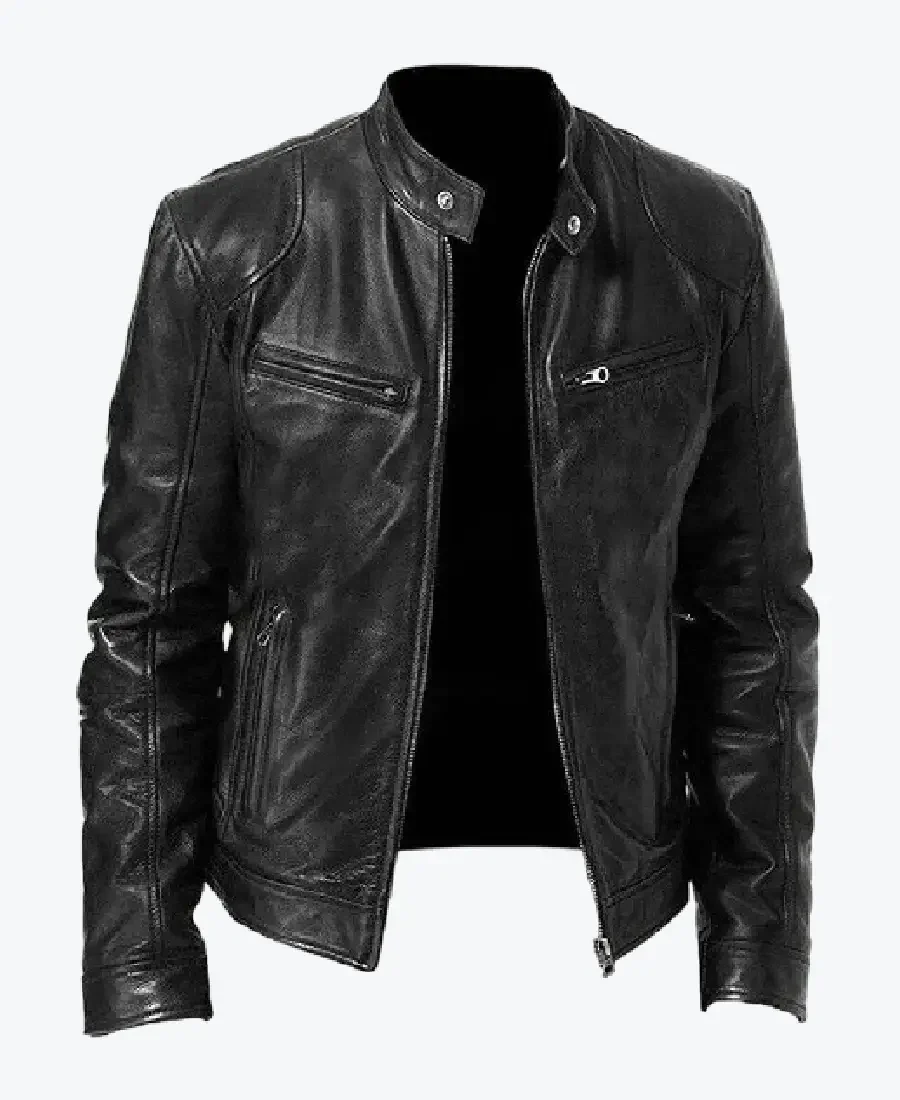Biker Casual Zipper Leather Jacket Black Rare Jacket